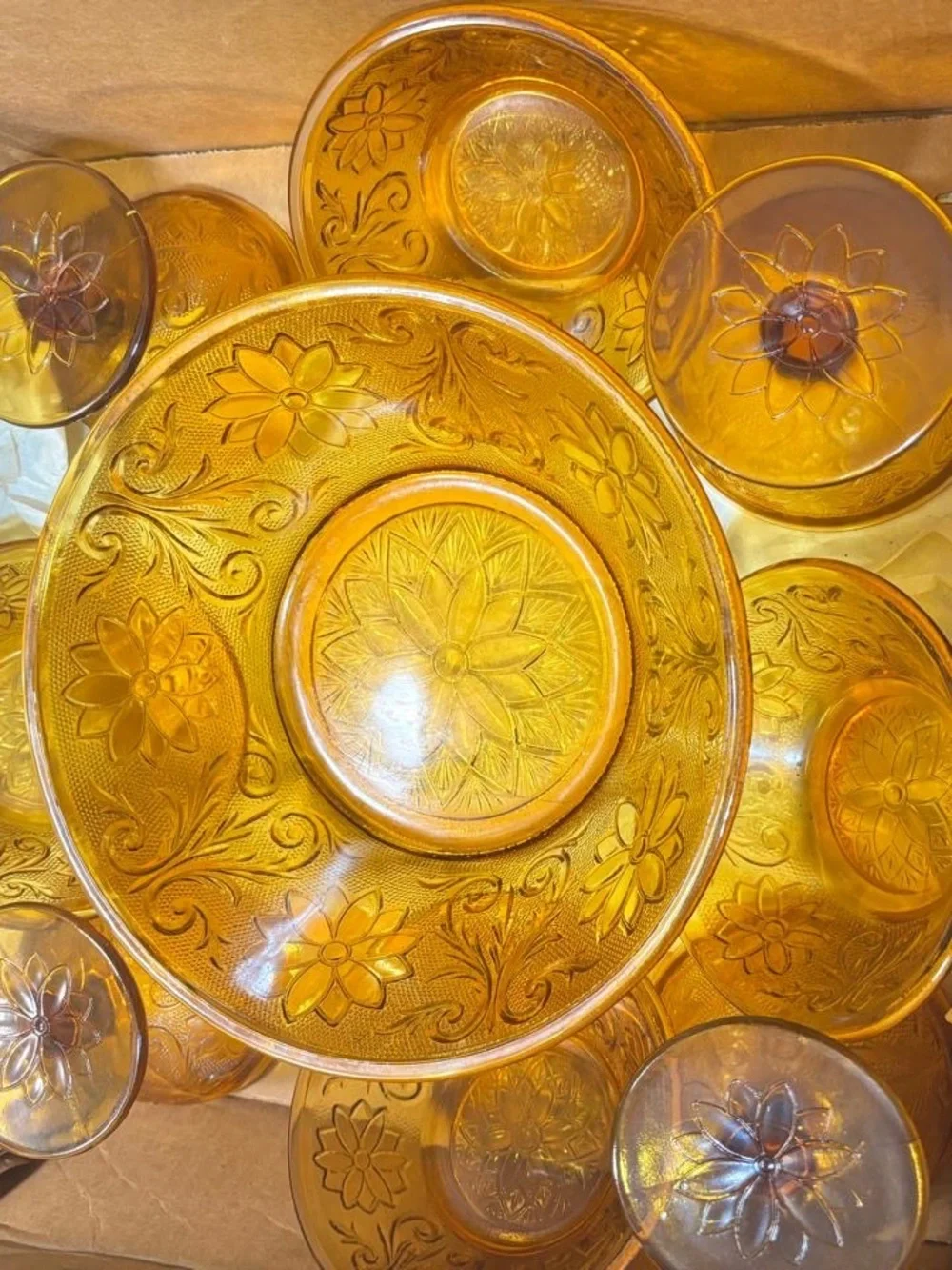 Tiara Exclusives Amber Indiana Glass Sandwich Pattern Serving Set